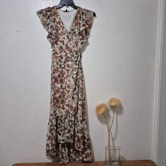 Anthro Chiffon Paisley Floral Wrap Ruffle Maxi Dress Sz S Romantic Boho 70s 90s - Picture 1 of 15